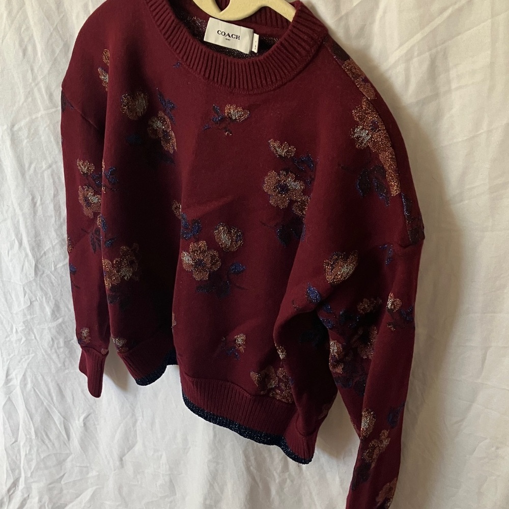 Coach: Burgundy Floral Jacquard Crewneck (66531)Sweater- Wool Blend- Metallic- S - Picture 4 of 16